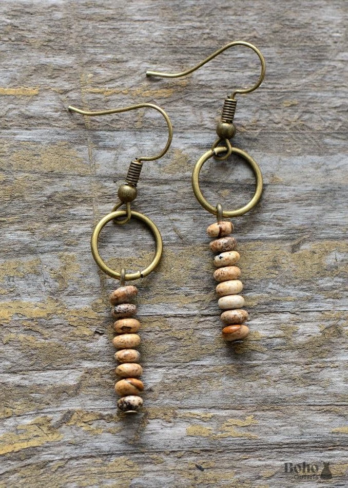 Boho Earrings Dangle Vintage Natural Stone Brown and Pink -