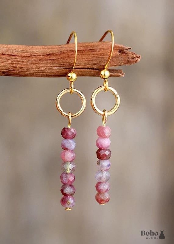 Boho Earrings Dangle Vintage Natural Stone Brown and Pink -