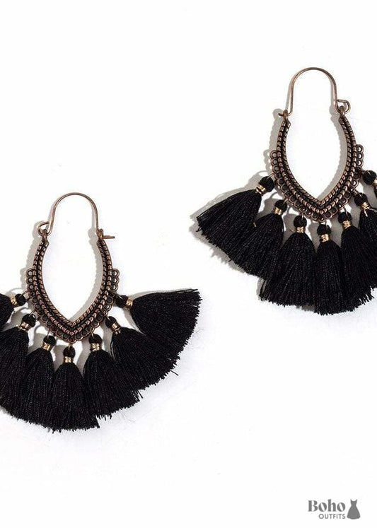 Boho Earrings Pompoms Lena - Black - Jewelry