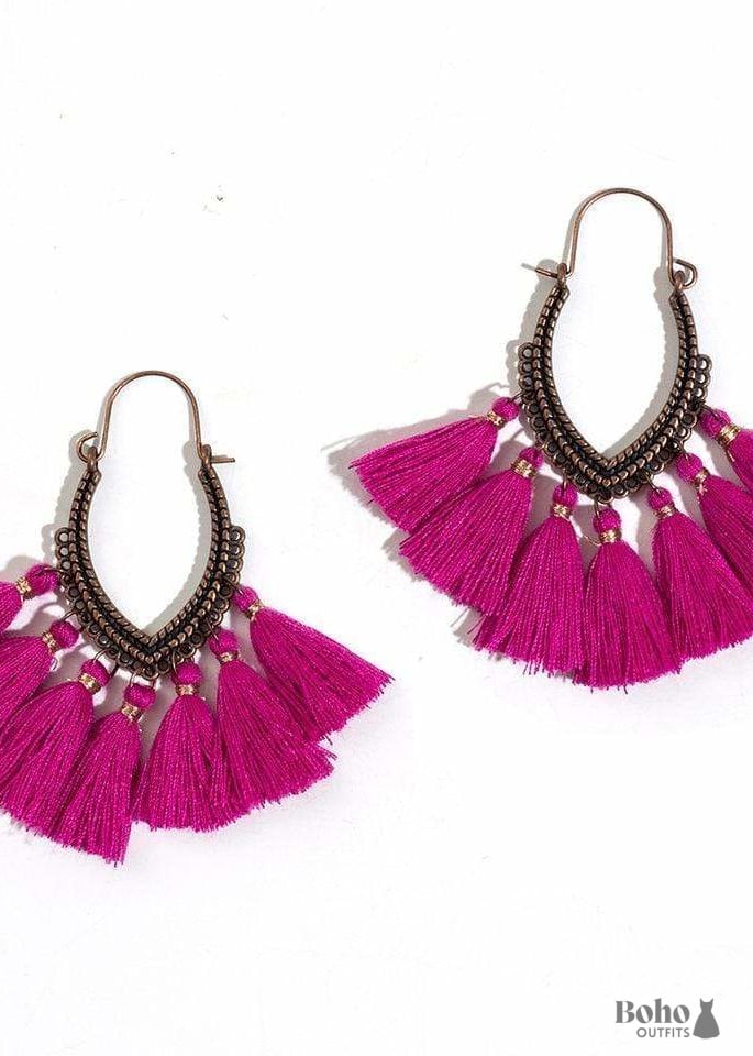 Boho Earrings Pompoms Lena - Fuchsia Pink - Jewelry