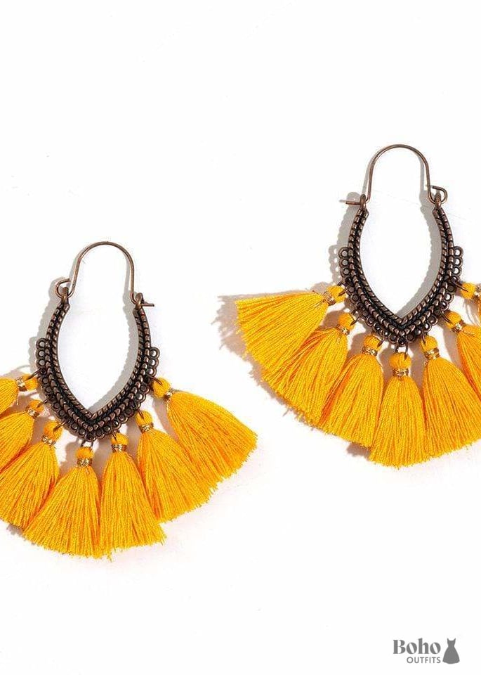 Boho Earrings Pompoms Lena - Yellow - Jewelry