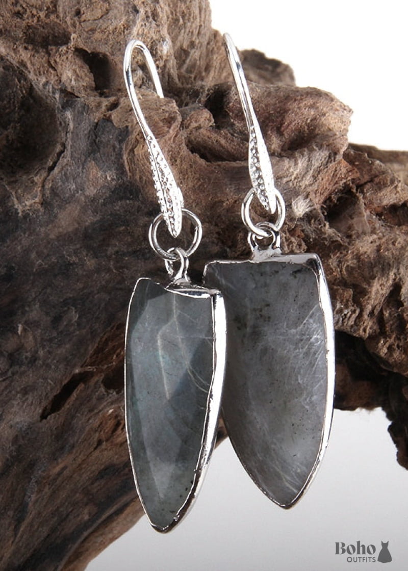 Boho Earrings RH Dangle Black Amazonite - gray - Jewelry