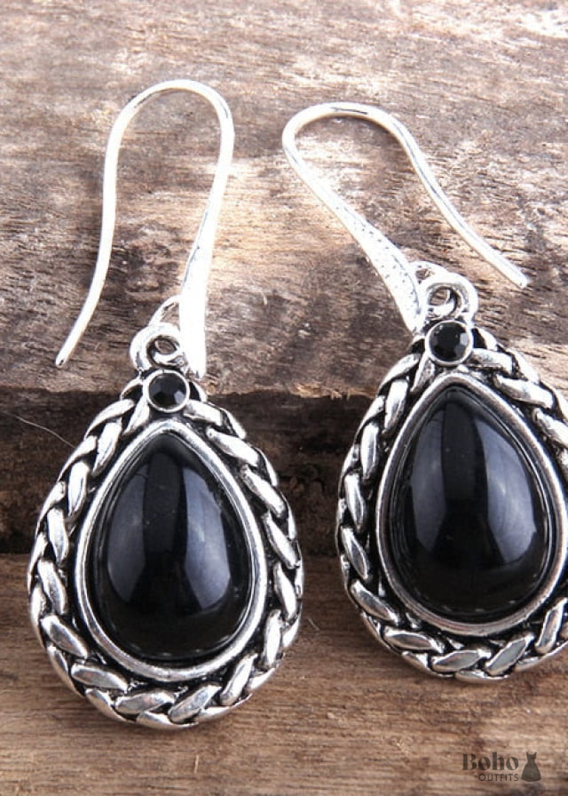 Boho Earrings RH Dangle Black Silver - Jewelry