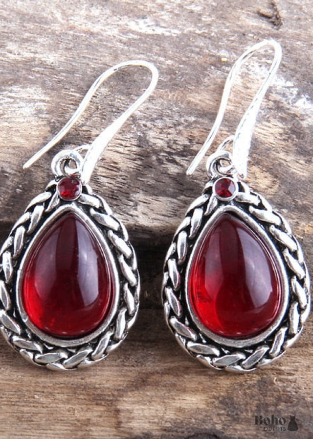 Boho Earrings RH Dangle Black Silver - red - Jewelry