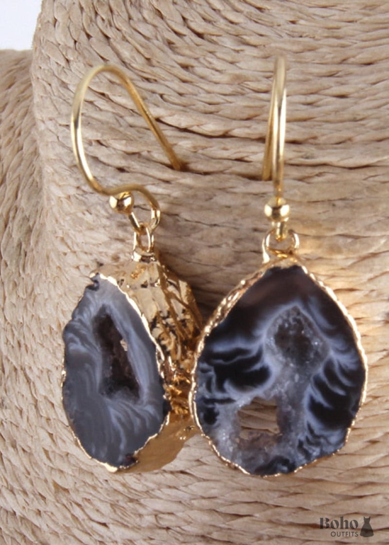 Boho Earrings RH Dangle Black Stone - Jewelry