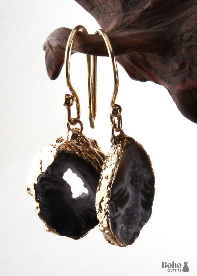 Boho Earrings RH Dangle Black Stone - Jewelry