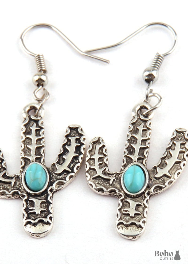 Boho Earrings RH Dangle Blue Cactus - Jewelry