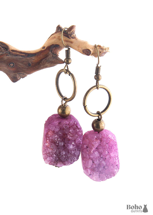 Boho Earrings RH Dangle Druzy in Black White Purple