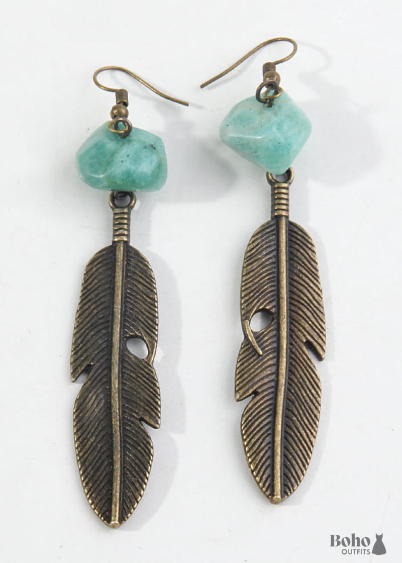 Boho Earrings RH Dangle Feather Jade - 1 - Jewelry