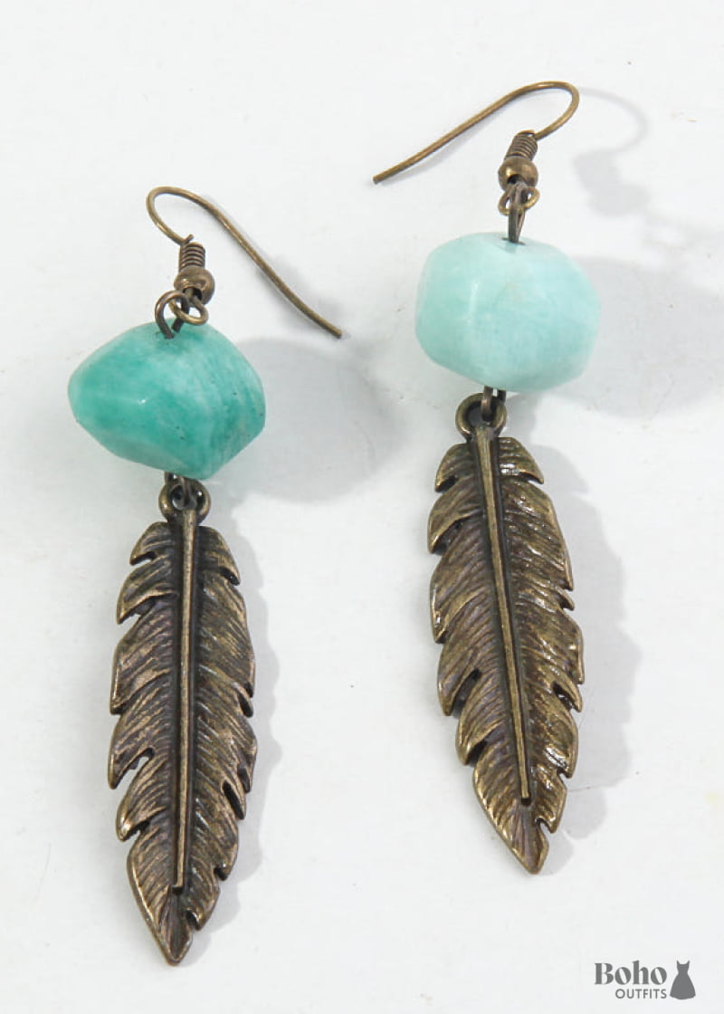 Boho Earrings RH Dangle Feather Jade - 2 - Jewelry