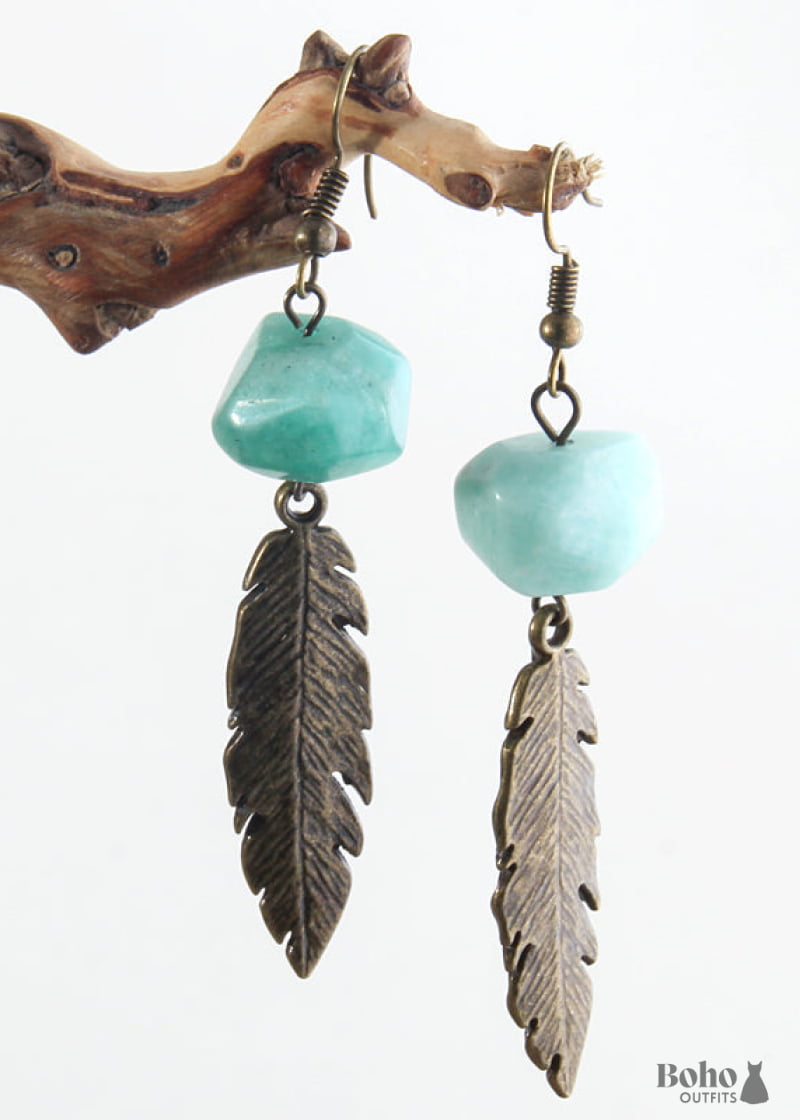 Boho Earrings RH Dangle Feather Jade - Jewelry