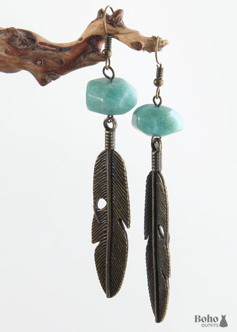 Boho Earrings RH Dangle Feather Jade - Jewelry