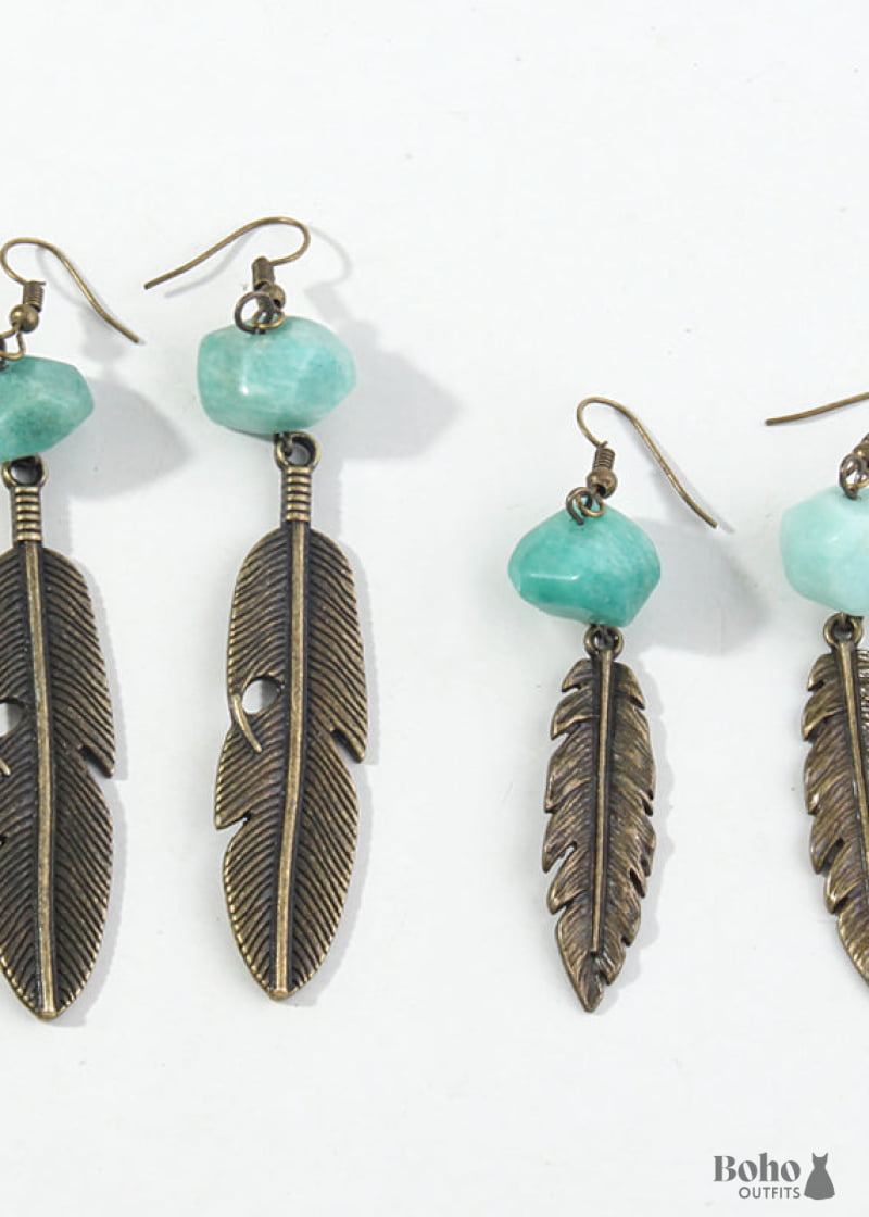 Boho Earrings RH Dangle Feather Jade - Jewelry