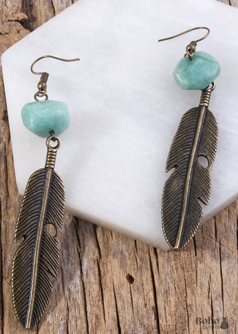 Boho Earrings RH Dangle Feather Jade - Jewelry