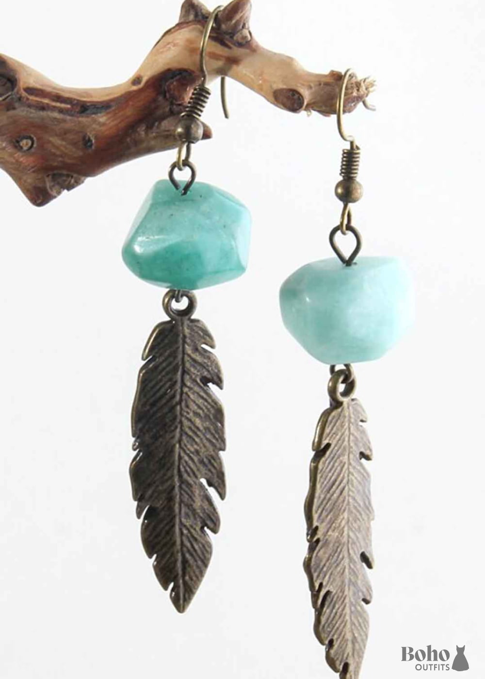 Boho Earrings RH Dangle Feather Jade - Jewelry