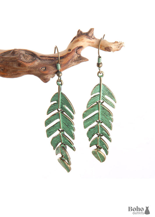 Boho Earrings RH Dangle Feather & Leaf - Jewelry