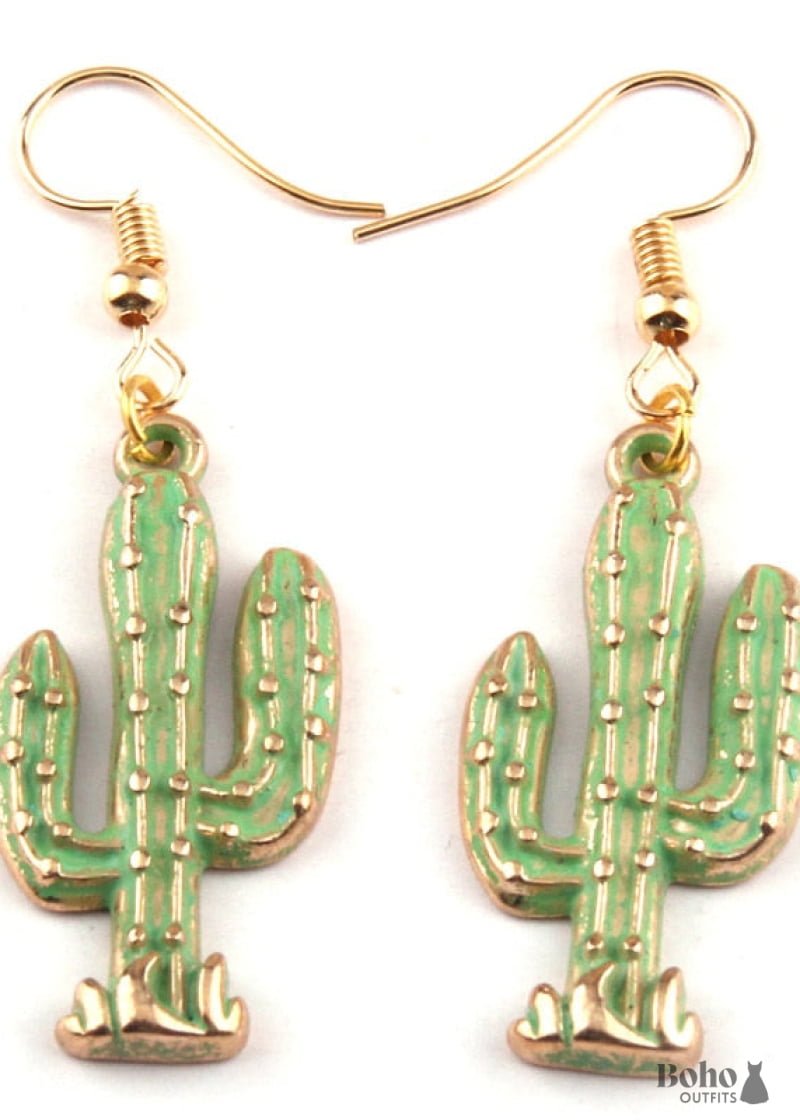 Boho Earrings RH Dangle Green Cactus - ear hook - Jewelry