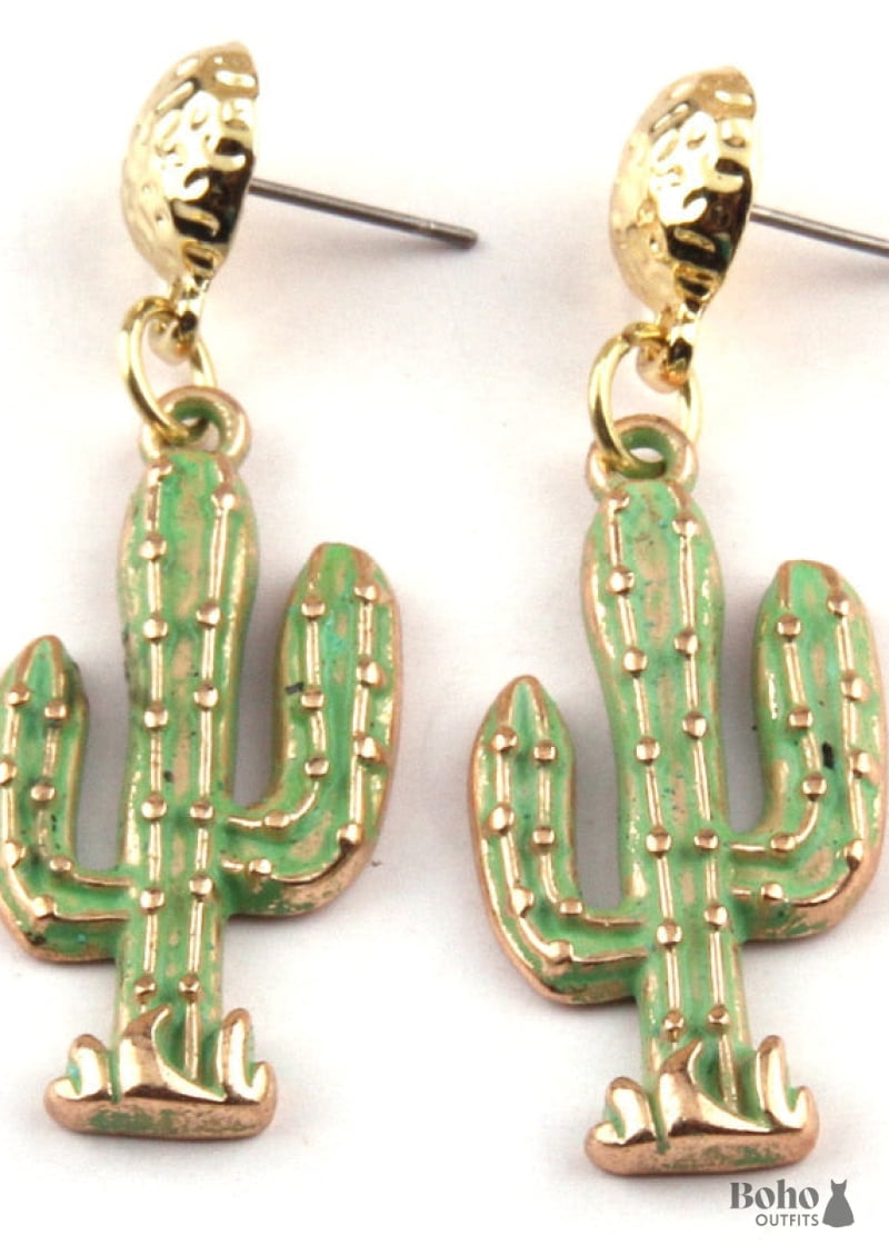 Boho Earrings RH Dangle Green Cactus - ear stud - Jewelry