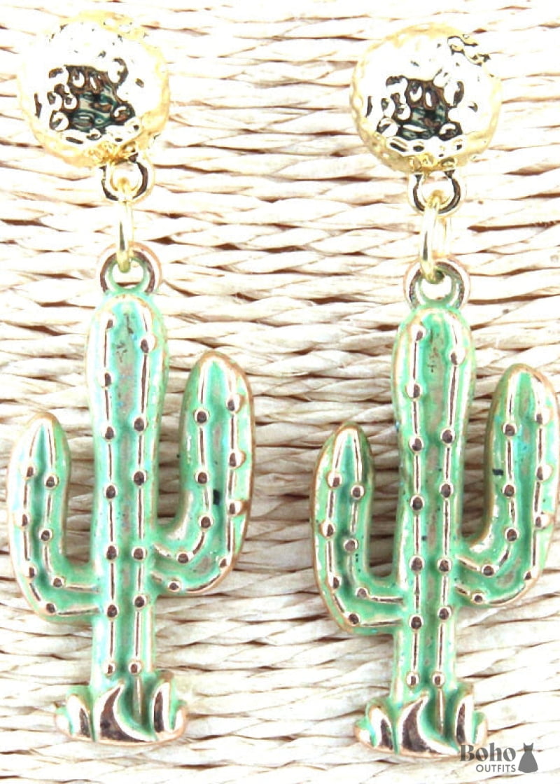 Boho Earrings RH Dangle Green Cactus - Jewelry