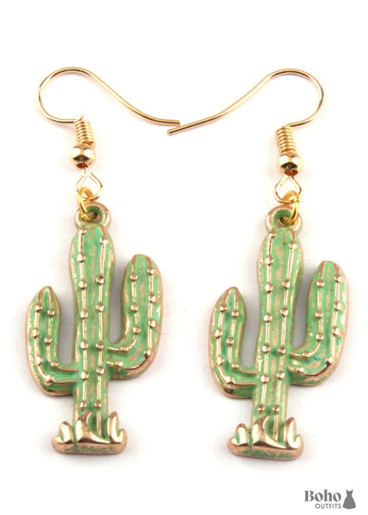 Boho Earrings RH Dangle Green Cactus - Jewelry