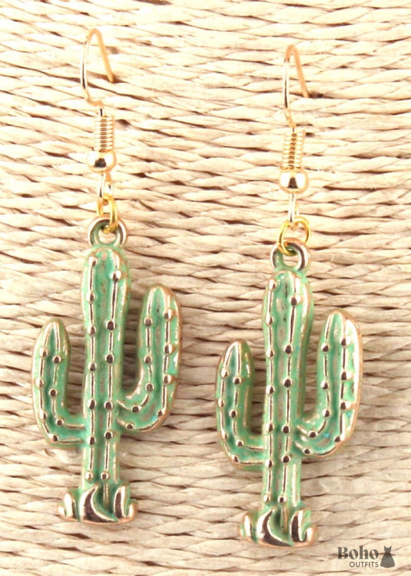 Boho Earrings RH Dangle Green Cactus - Jewelry