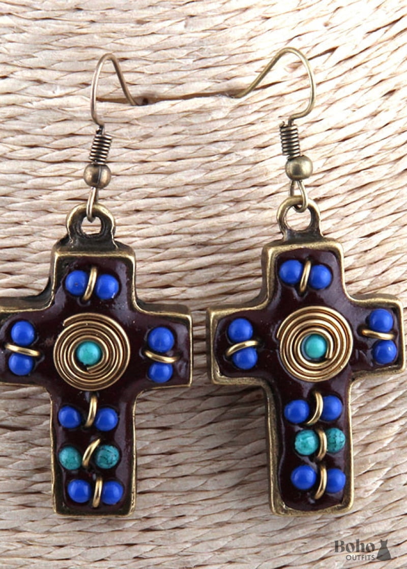 Boho Earrings RH Dangle Red & Blue Metal Cross - Jewelry