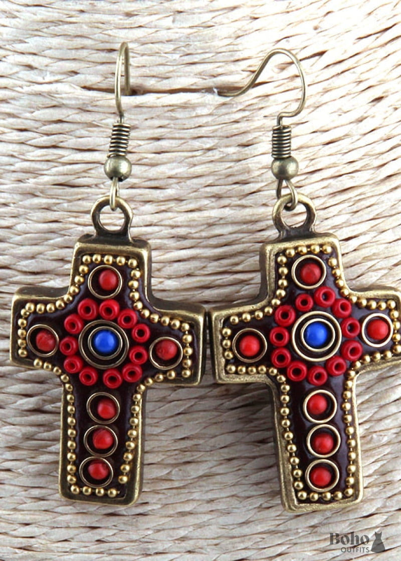 Boho Earrings RH Dangle Red & Blue Metal Cross - Jewelry