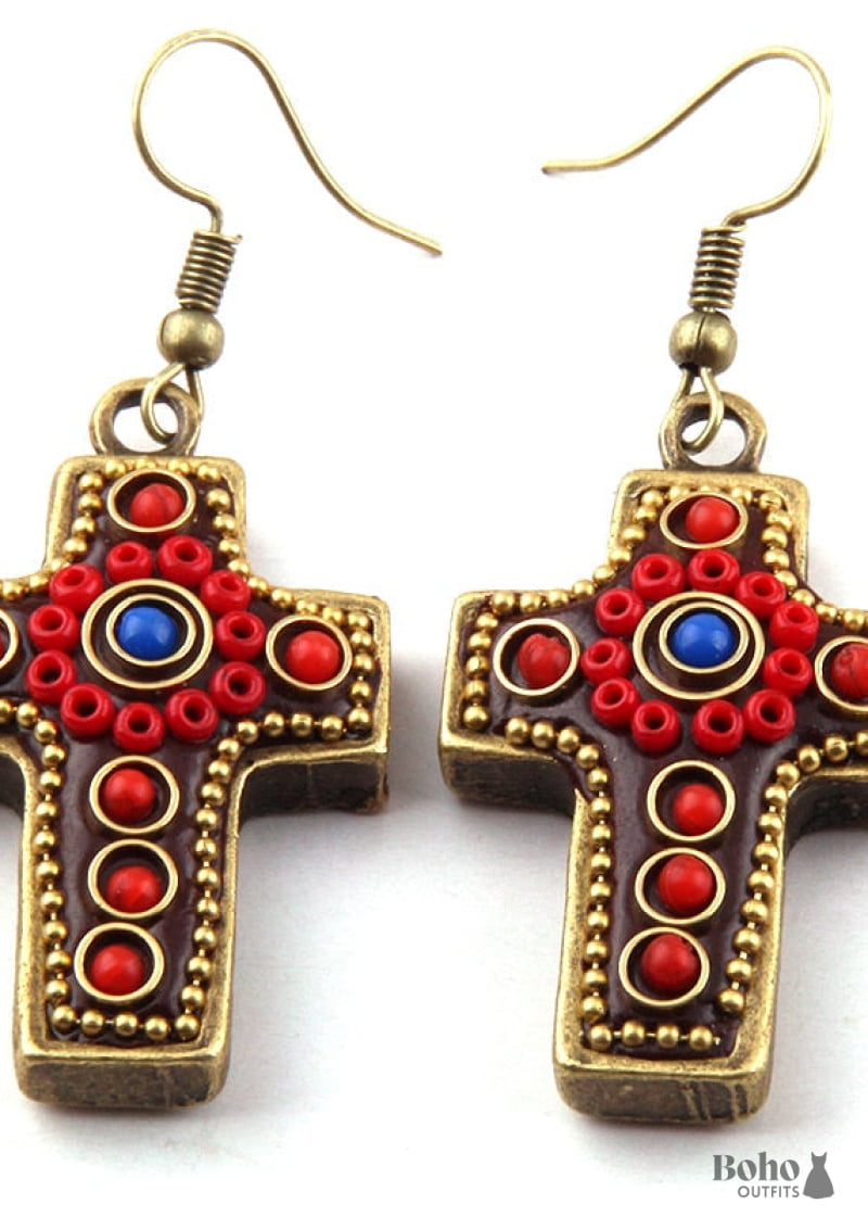 Boho Earrings RH Dangle Red & Blue Metal Cross - Jewelry