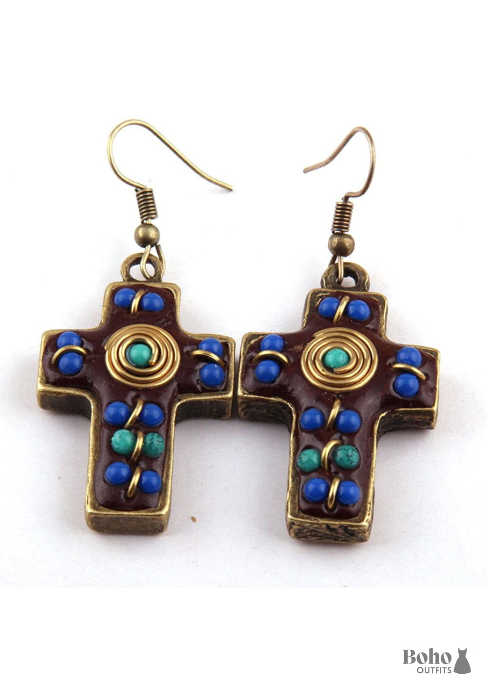 Boho Earrings RH Dangle Red & Blue Metal Cross - Jewelry