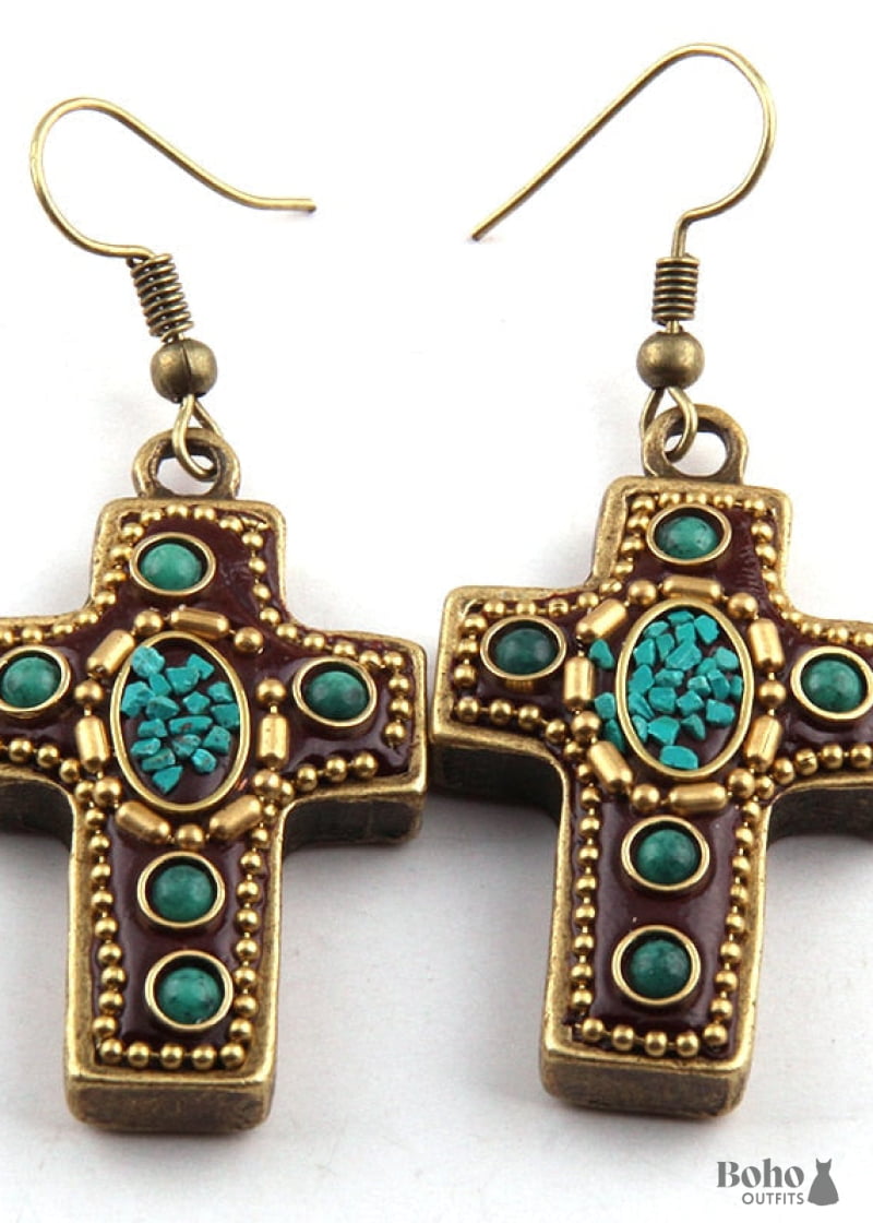 Boho Earrings RH Dangle Red & Blue Metal Cross - Jewelry