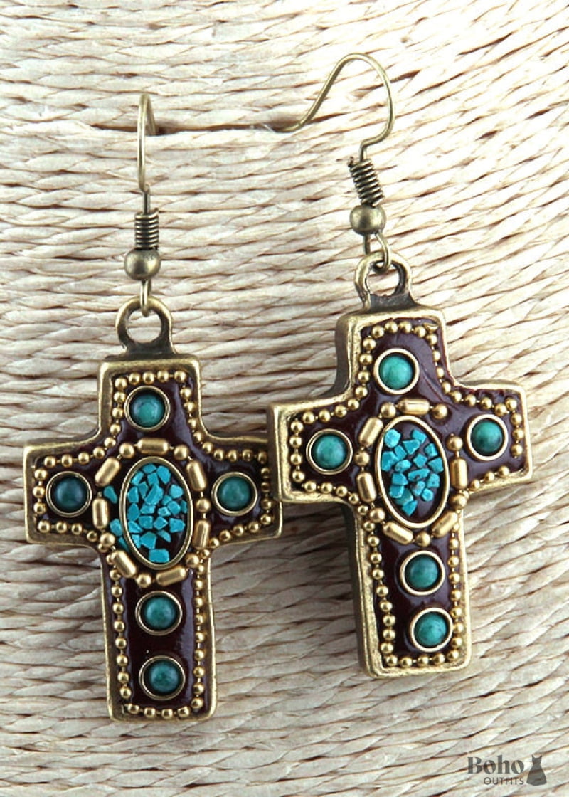 Boho Earrings RH Dangle Red & Blue Metal Cross - Jewelry