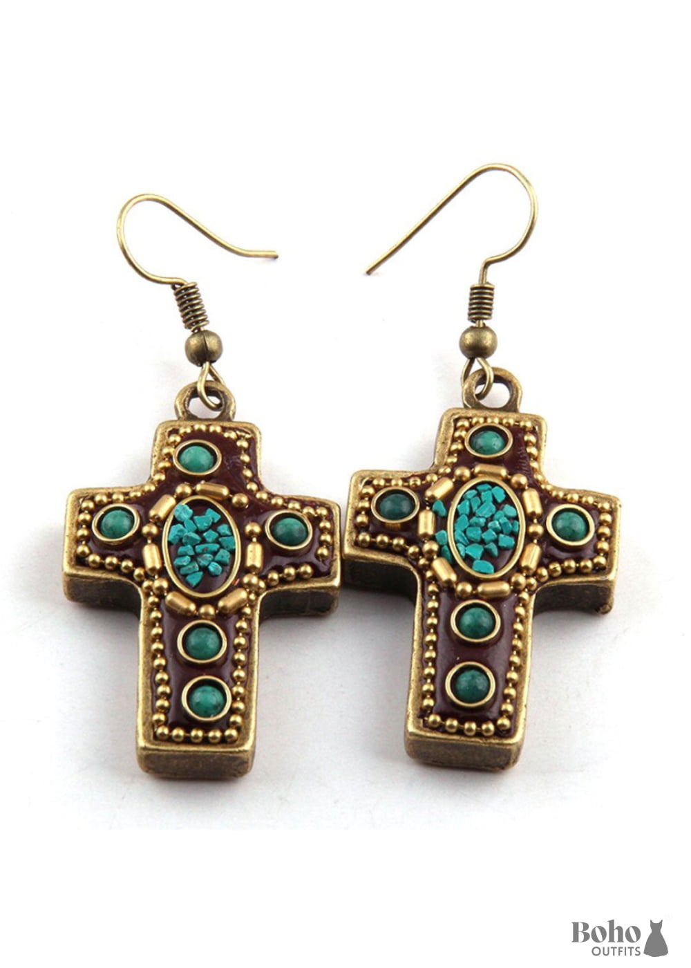 Boho Earrings RH Dangle Red & Blue Metal Cross - Jewelry