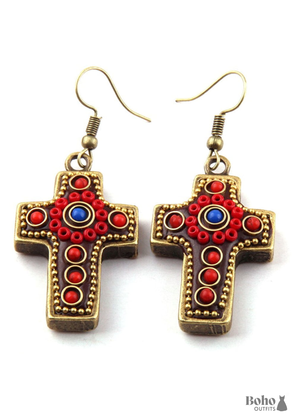 Boho Earrings RH Dangle Red & Blue Metal Cross - Jewelry