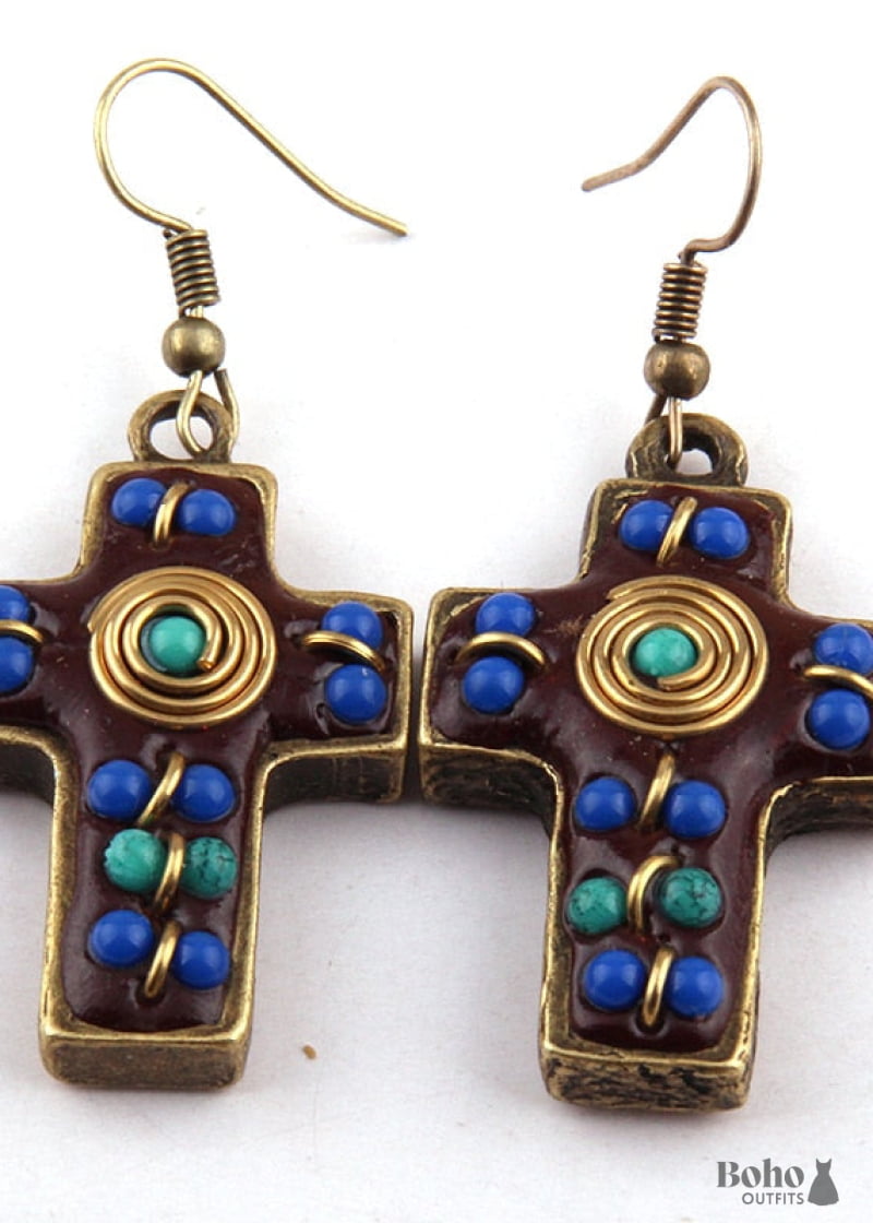 Boho Earrings RH Dangle Red & Blue Metal Cross - Royal