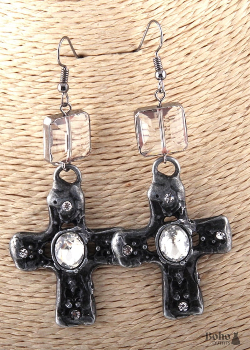 Boho Earrings RH Dangle Silver Metal Cross - Jewelry