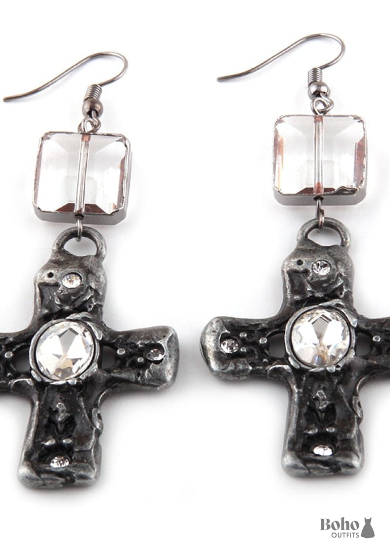 Boho Earrings RH Dangle Silver Metal Cross - Jewelry