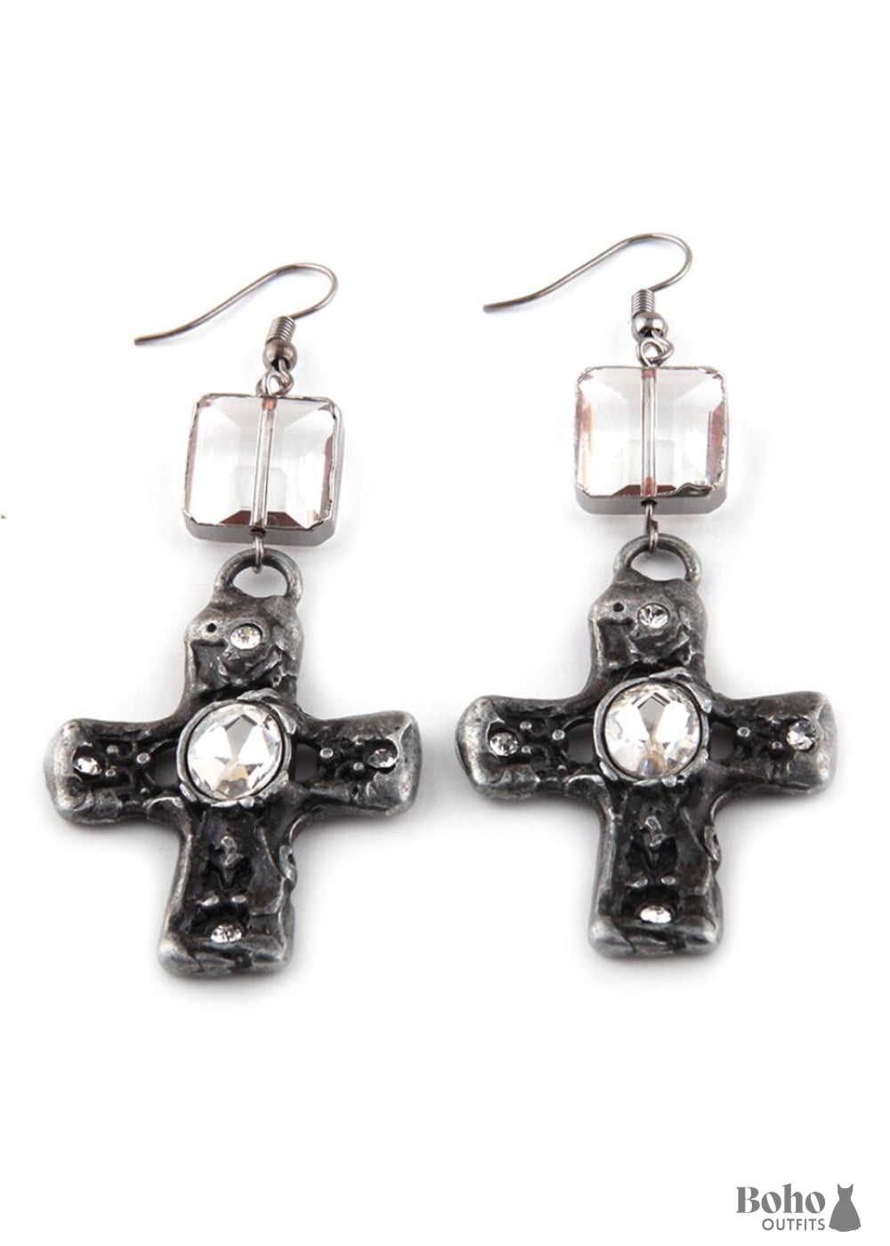 Boho Earrings RH Dangle Silver Metal Cross - Jewelry