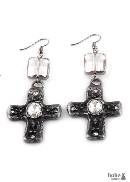 Boho Earrings RH Dangle Silver Metal Cross - Jewelry