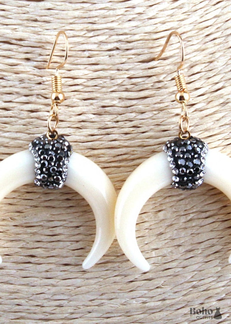 Boho Earrings RH Dangle White Horn Moon - big - Jewelry