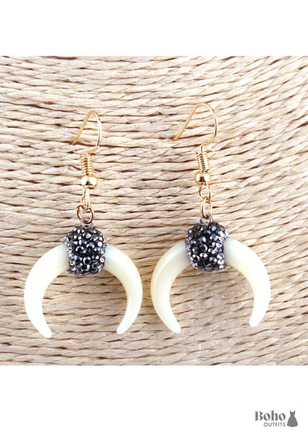 Boho Earrings RH Dangle White Horn Moon - Jewelry