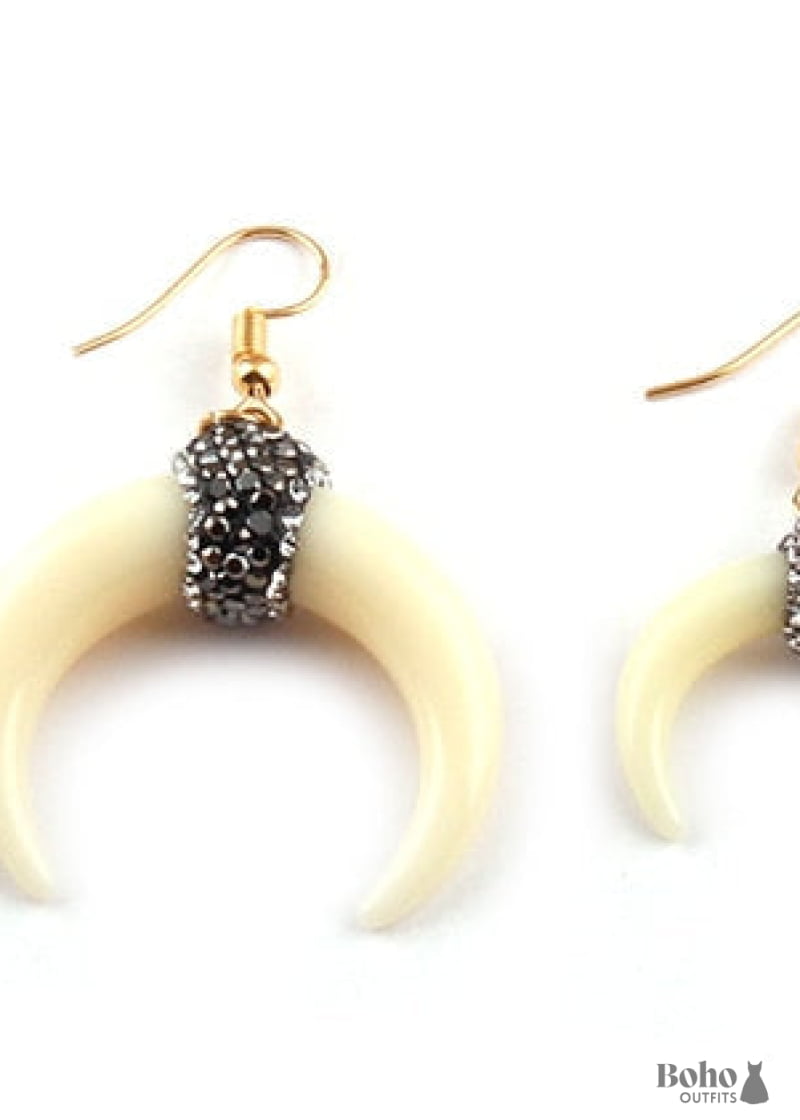 Boho Earrings RH Dangle White Horn Moon - Jewelry