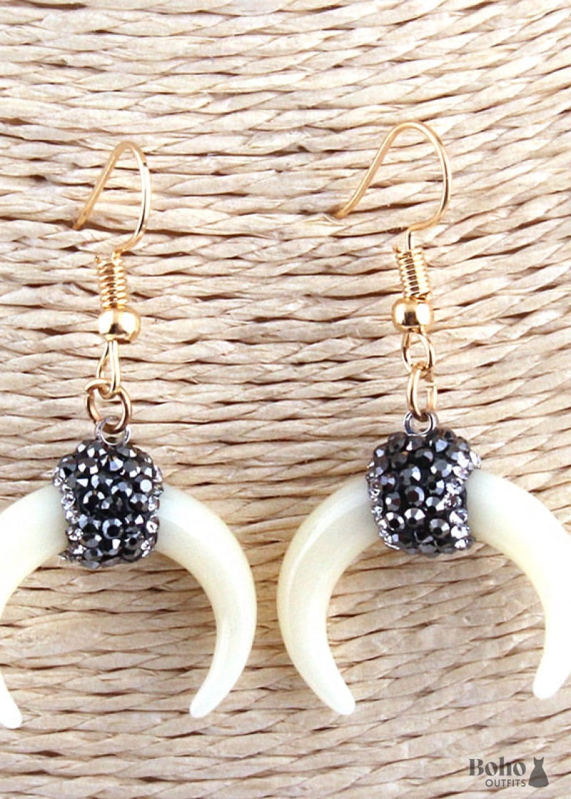 Boho Earrings RH Dangle White Horn Moon - Small - Jewelry