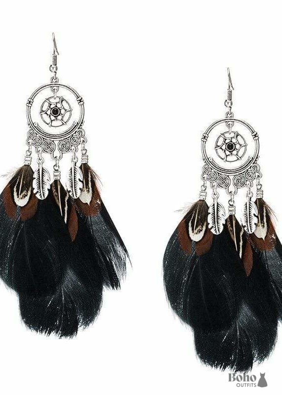 Boho Earrings Three Light Feathers Hayden - Black - Jewelry