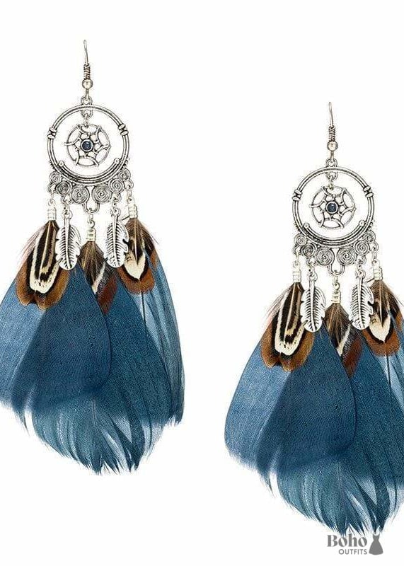 Boho Earrings Three Light Feathers Hayden - Navy Blue -