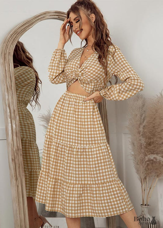 Boho Gingham Midi Dress Amara - Khaki / S - Dresses