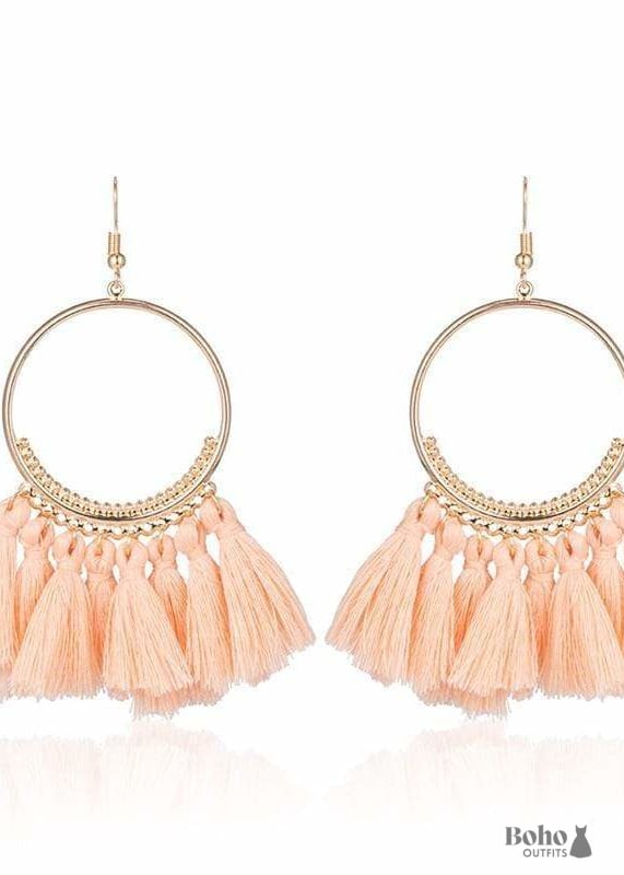 Boho Gold Earrings Pompoms Juliet - Beige - Jewelry