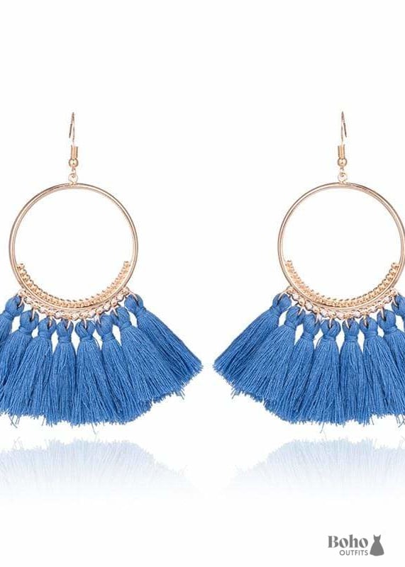 Boho Gold Earrings Pompoms Juliet - Blue - Jewelry