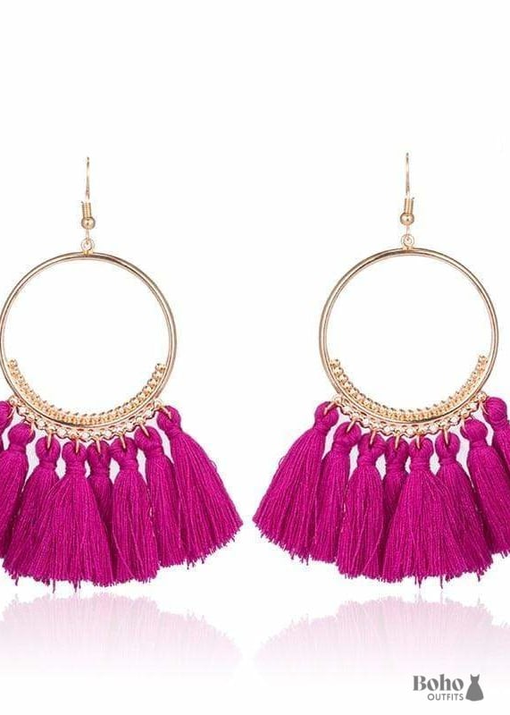 Boho Gold Earrings Pompoms Juliet - Fuchsia Pink - Jewelry