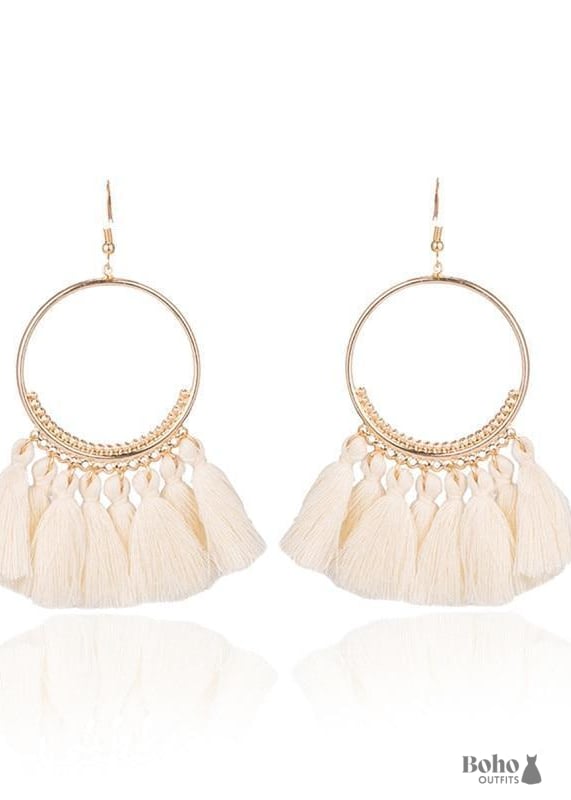 Boho Gold Earrings Pompoms Juliet - White - Jewelry