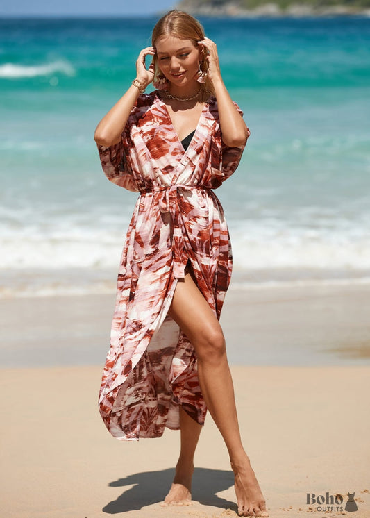 Boho Leaf Printed Beach Cardigan Loose Dress Amelia - One